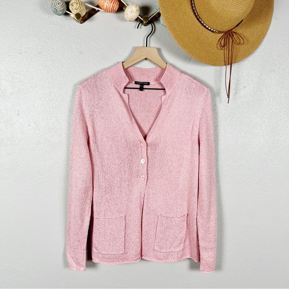 Eileen Fisher Button Front Pink Ribbed Knit Silk Blend Cardigan Size XS